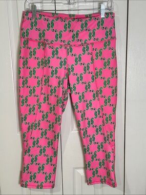 ZELOS Pink Capri Leggings with Green Seahorse Print